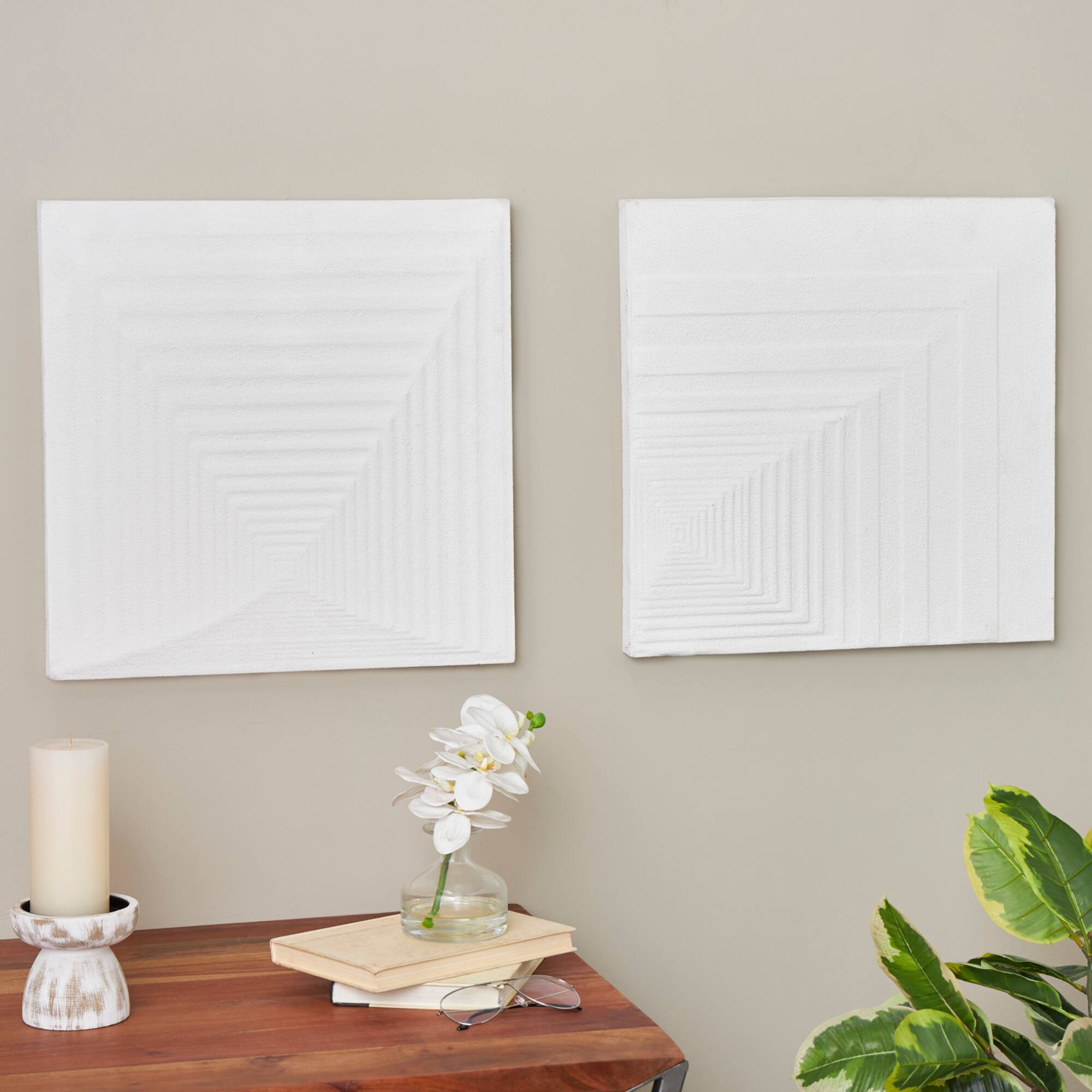 18.3" x 18.3" Cream Metal Geometric Layered Square Cube Wall Décor with Sandstone Texture Set